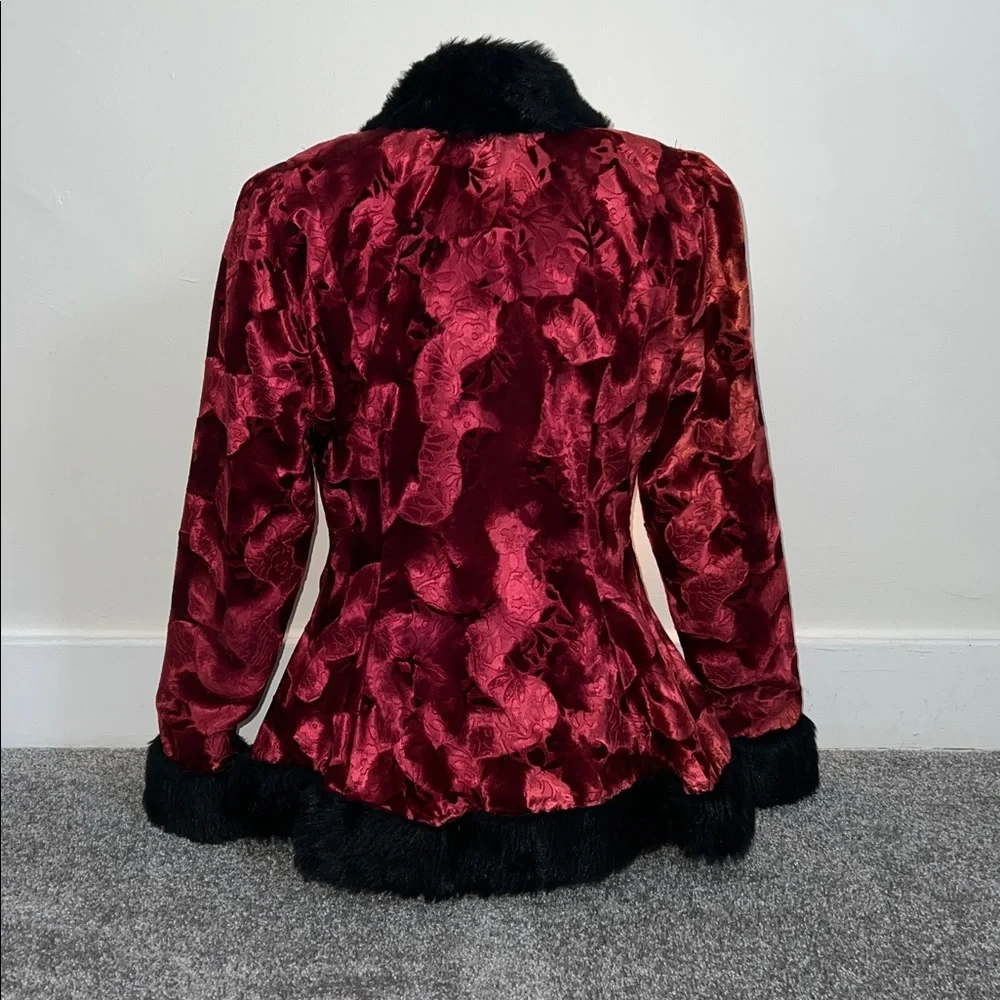 Elegant Custom Made Red Velvet Embossed Jacket w/ Black Furr Accents - Picture 5 of 7